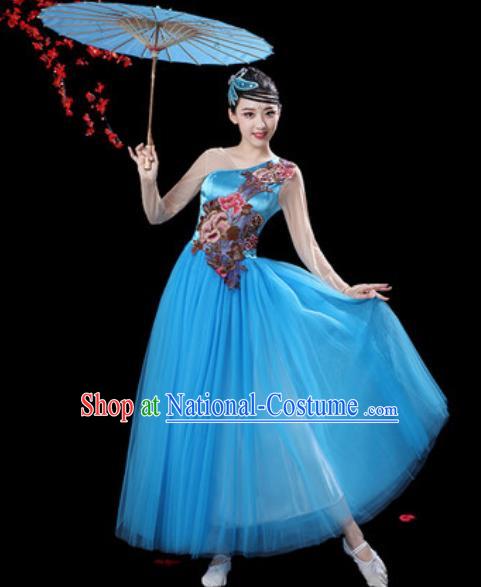 Top Grade Chorus Stage Show Group Dance Costumes Modern Dance Blue Veil Dress for Women