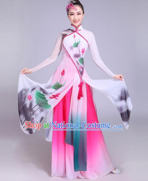 Chinese Classical Dance Printing Lotus Costumes Traditional Group Dance Umbrella Dance Dress for Women