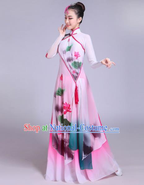 Chinese Classical Dance Printing Lotus Costumes Traditional Group Dance Umbrella Dance Dress for Women