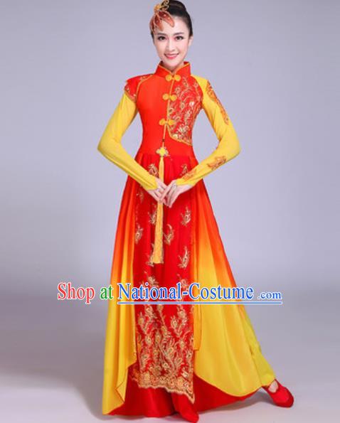 Chinese Classical Dance Costumes Traditional Group Dance Umbrella Dance Red Dress for Women