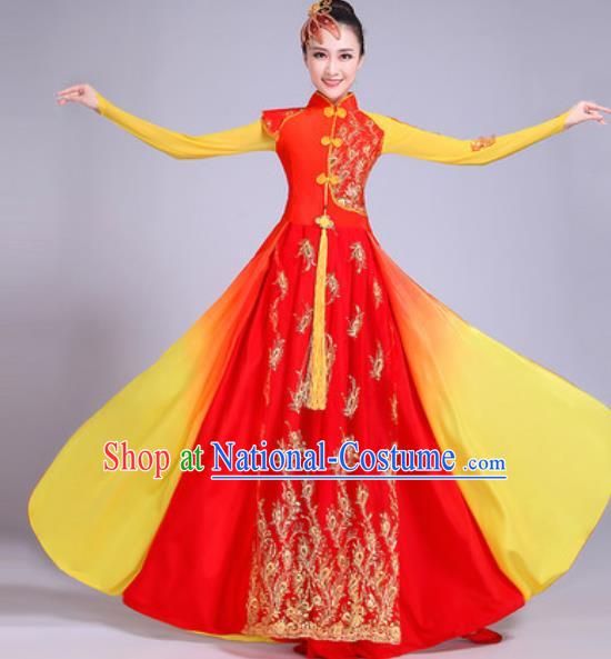 Chinese Classical Dance Costumes Traditional Group Dance Umbrella Dance Red Dress for Women