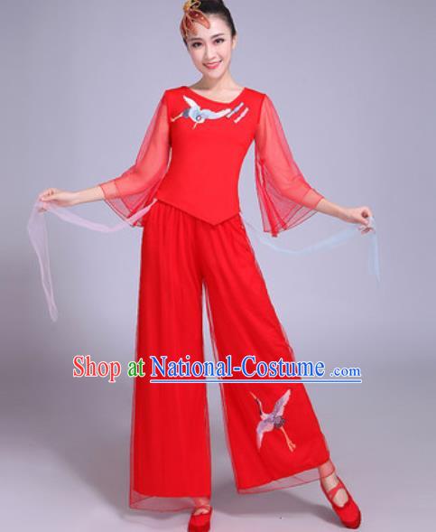 Chinese Traditional Yangko Dance Printing Cranes Costumes Folk Dance Fan Dance Red Clothing for Women