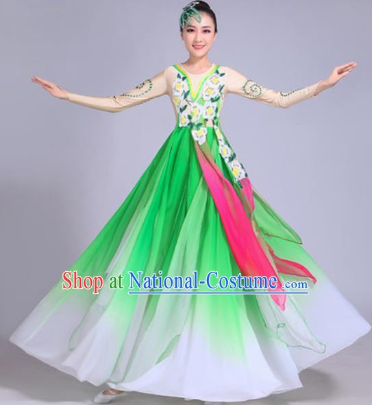 Chinese Classical Dance Costumes Traditional Group Dance Umbrella Dance Green Dress for Women