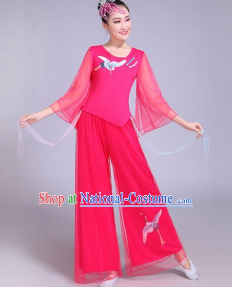 Chinese Traditional Yangko Dance Printing Cranes Costumes Folk Dance Fan Dance Pink Clothing for Women