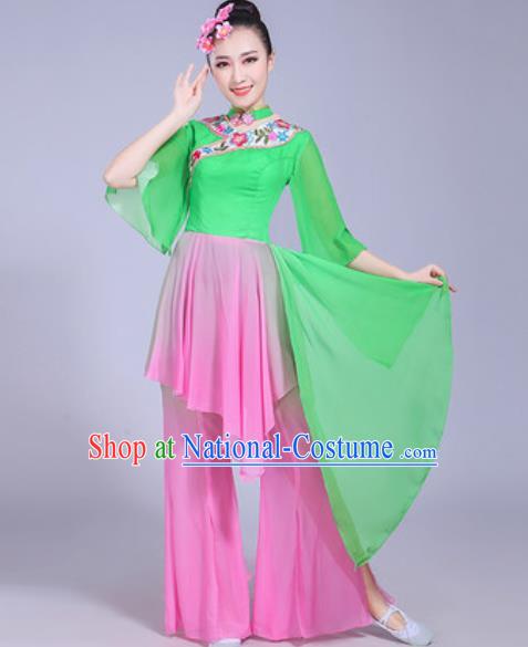 Chinese Traditional Yangko Dance Printing Cranes Costumes Folk Dance Fan Dance Green Clothing for Women