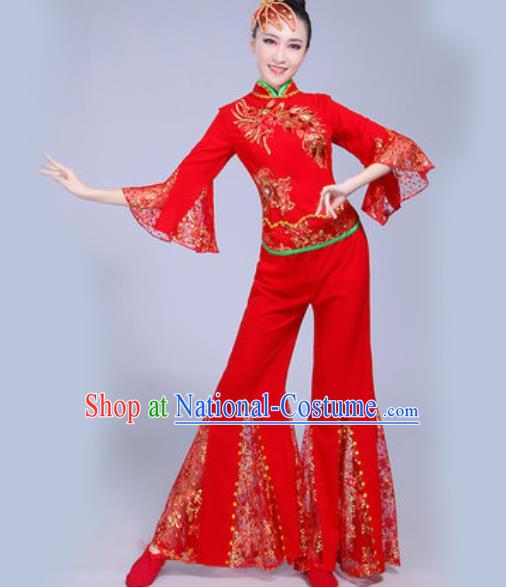 Chinese Traditional Yangko Dance Red Costumes Folk Dance Fan Dance Clothing for Women