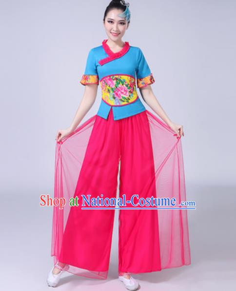 Traditional Chinese Yangko Dance Rosy Veil Costumes Folk Dance Fan Dance Clothing for Women