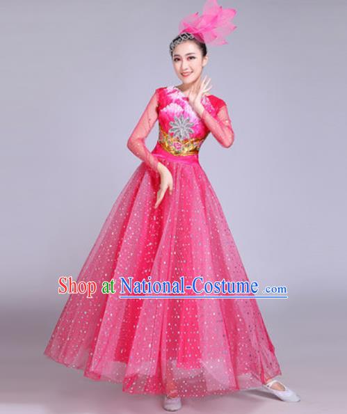 Professional Modern Dance Pink Veil Dress Stage Show Chorus Group Dance Costumes for Women