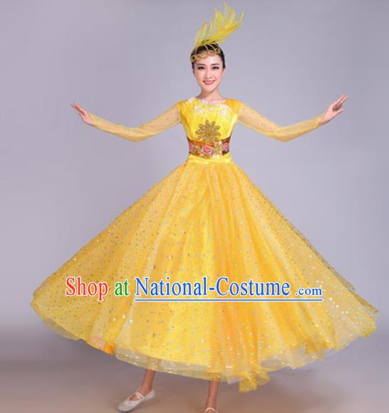 Professional Modern Dance Yellow Veil Dress Stage Show Chorus Group Dance Costumes for Women