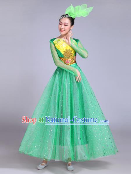 Professional Modern Dance Green Veil Dress Stage Show Chorus Group Dance Costumes for Women