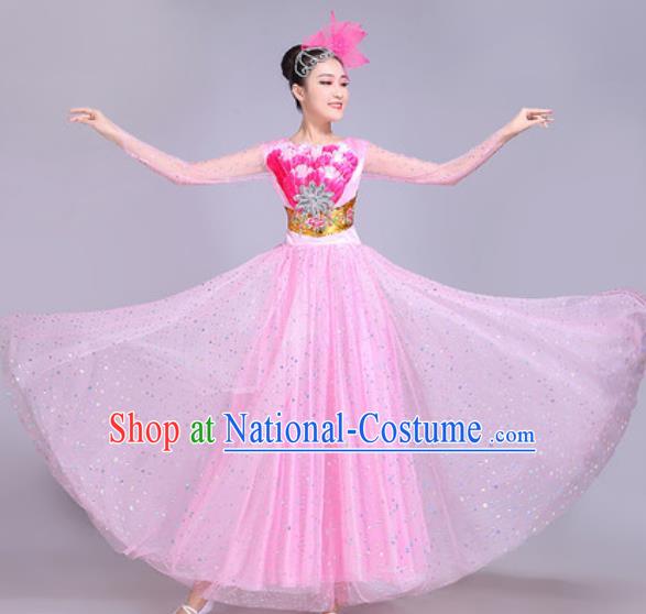 Professional Modern Dance Pink Veil Dress Stage Show Chorus Group Dance Costumes for Women