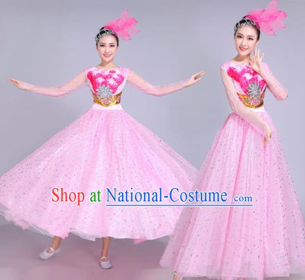 Professional Modern Dance Pink Veil Dress Stage Show Chorus Group Dance Costumes for Women