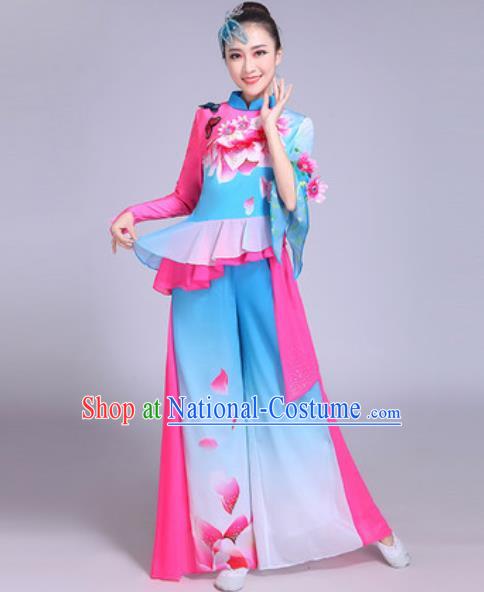 Chinese Traditional Yangko Costumes Folk Dance Fan Dance Blue Clothing for Women