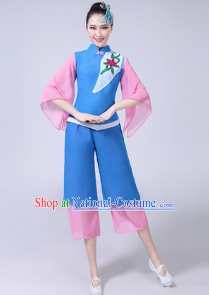 Traditional Chinese Folk Dance Yangko Dance Blue Costumes Fan Dance Clothing for Women