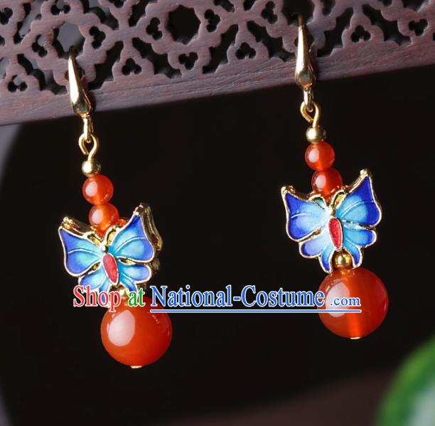 Chinese Traditional Jewelry Accessories National Hanfu Blueing Butterfly Agate Earrings for Women