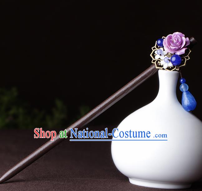 Chinese Traditional Hair Accessories National Hanfu Purple Flowers Tassel Hairpins for Women