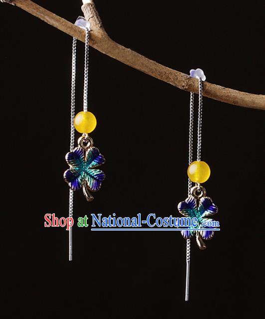 Chinese Traditional Ear Jewelry Accessories National Hanfu Blueing Clover Earrings for Women