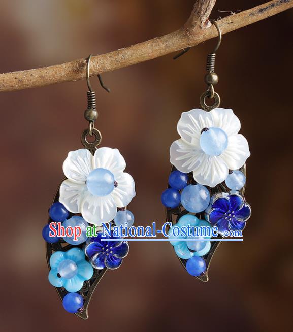 Chinese Traditional Ear Jewelry Accessories National Hanfu Classical Blueing Shell Flower Earrings for Women