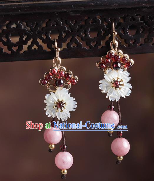 Chinese National Hanfu Classical Shell Flower Tassel Earrings Traditional Ear Jewelry Accessories for Women