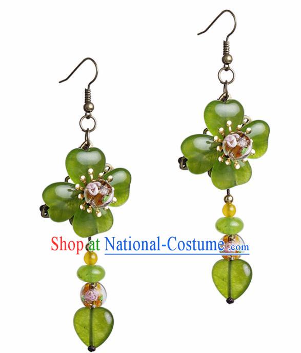 Chinese National Hanfu Classical Green Flower Tassel Earrings Traditional Ear Jewelry Accessories for Women