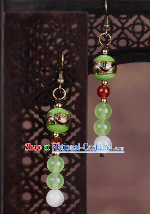 Chinese National Hanfu Classical Green Beads Earrings Traditional Ear Jewelry Accessories for Women