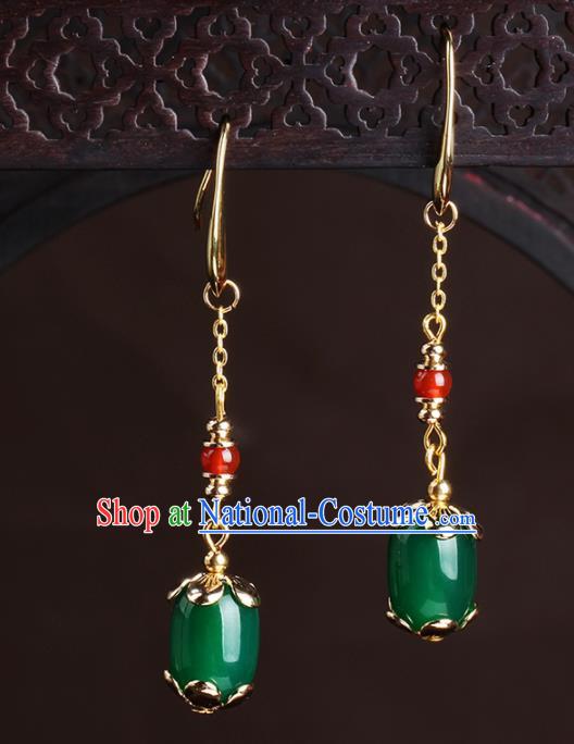 Chinese National Hanfu Classical Green Agate Earrings Traditional Ear Jewelry Accessories for Women