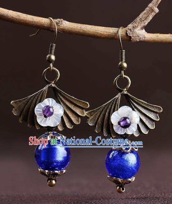 Chinese National Classical Hanfu Blue Bead Earrings Traditional Ear Jewelry Accessories for Women