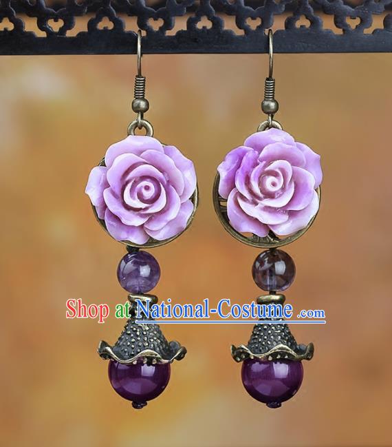 Chinese National Classical Hanfu Purple Rose Earrings Traditional Ear Jewelry Accessories for Women