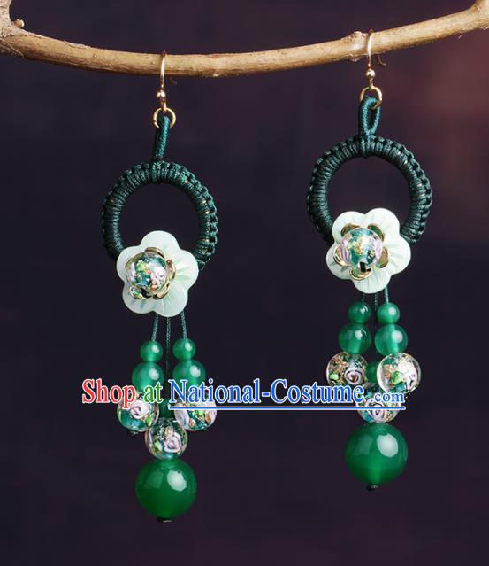 Chinese National Hanfu Classical Green Beads Tassel Earrings Traditional Ear Jewelry Accessories for Women