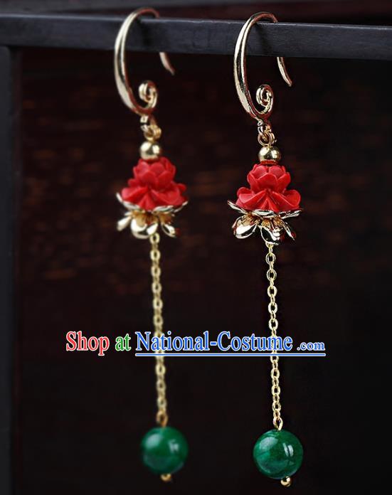 Chinese Yunnan National Classical Carving Lotus Red Earrings Traditional Ear Jewelry Accessories for Women