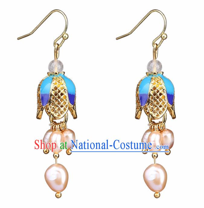 Chinese Yunnan National Classical Pearls Tassel Earrings Traditional Ear Jewelry Accessories for Women