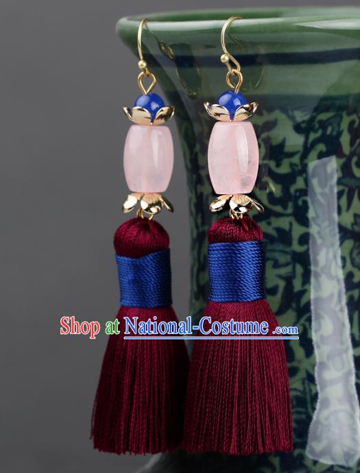 Chinese Yunnan National Classical Rose Quartz Earrings Traditional Ear Jewelry Accessories for Women