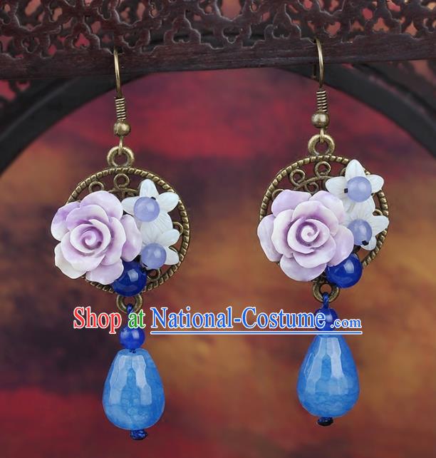 Chinese Yunnan National Classical Blue Chalcedony Earrings Traditional Ear Jewelry Accessories for Women