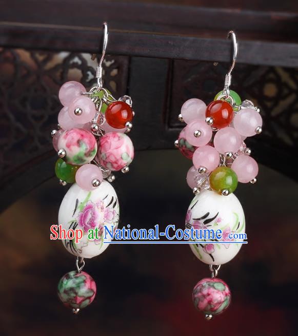 Chinese Yunnan National Classical Ceramics Earrings Traditional Hanfu Ear Jewelry Accessories for Women