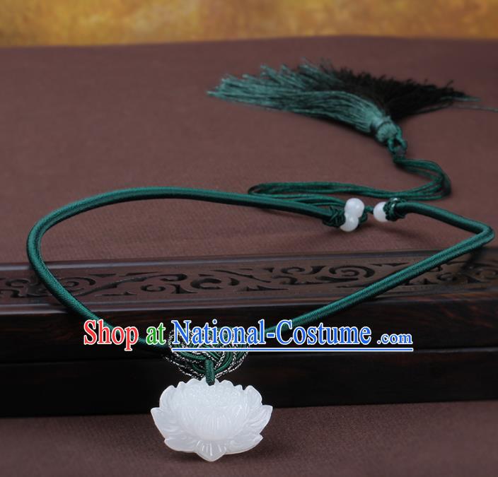 Chinese Yunnan National Classical Carving Lotus Jade Necklace Traditional Hanfu Jewelry Accessories for Women