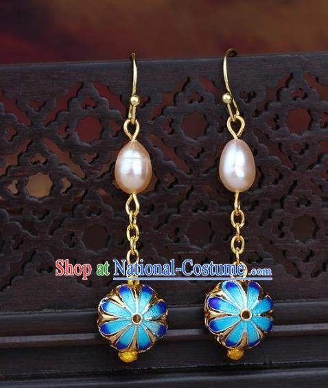 Chinese Yunnan National Classical Pearls Blueing Earrings Traditional Ear Jewelry Accessories for Women