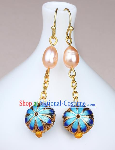 Chinese Yunnan National Classical Pearls Blueing Earrings Traditional Ear Jewelry Accessories for Women