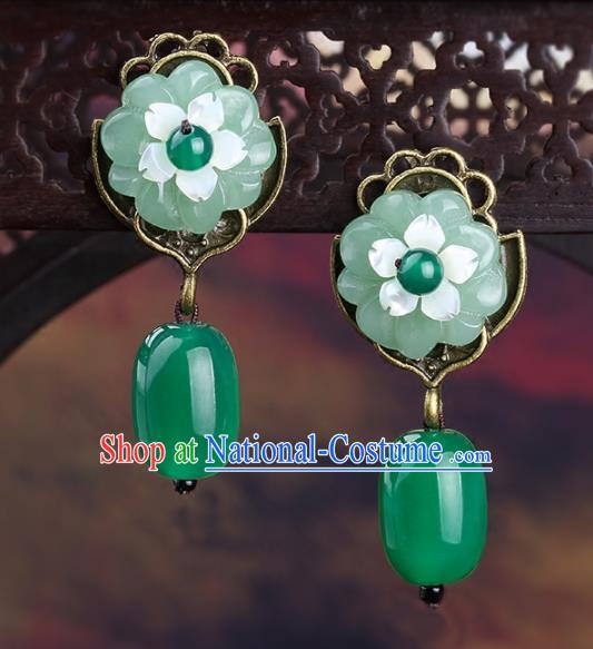 Chinese Yunnan National Classical Green Agate Earrings Traditional Hanfu Ear Jewelry Accessories for Women