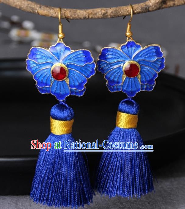 Chinese Yunnan National Classical Blueing Lotus Tassel Earrings Traditional Hanfu Ear Jewelry Accessories for Women