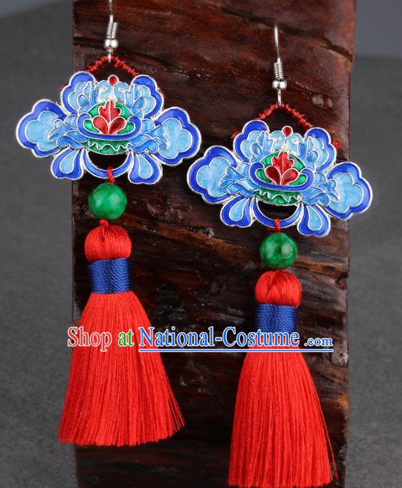 Chinese Yunnan National Classical Tassel Earrings Traditional Hanfu Blueing Lotus Ear Jewelry Accessories for Women