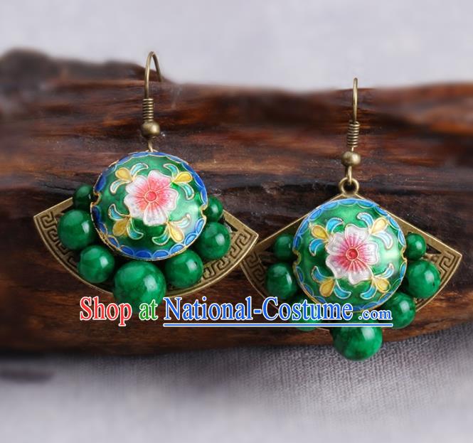 Chinese Yunnan National Cloisonne Green Earrings Traditional Classical Hanfu Ear Jewelry Accessories for Women