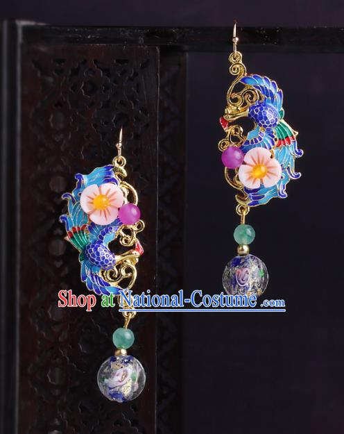 Chinese Yunnan National Classical Blueing Phoenix Earrings Traditional Ear Jewelry Accessories for Women