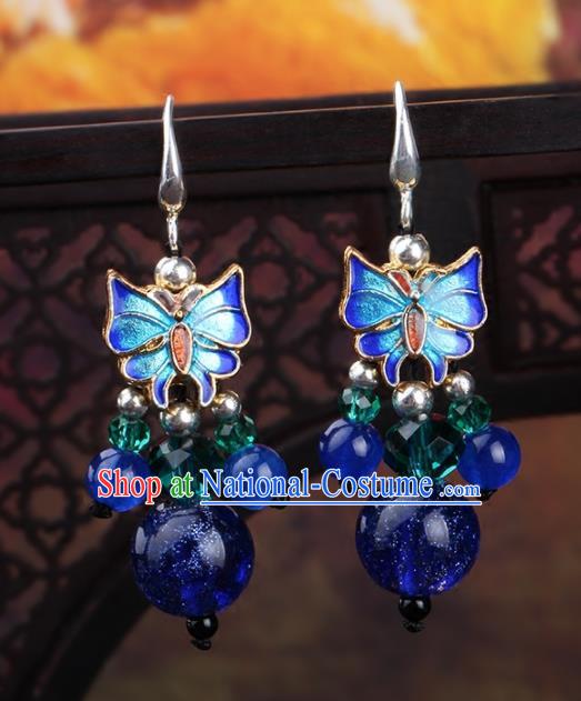 Chinese Yunnan National Classical Blueing Butterfly Earrings Traditional Ear Jewelry Accessories for Women