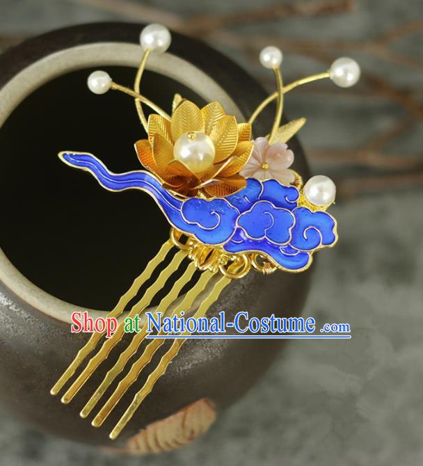 Handmade Chinese Traditional Blueing Lotus Hair Combs Traditional Classical Hanfu Hair Accessories for Women