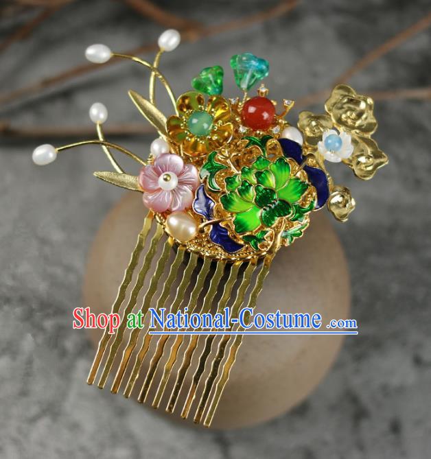 Handmade Chinese Traditional Blueing Lotus Hair Combs Traditional Classical Hanfu Hair Accessories for Women