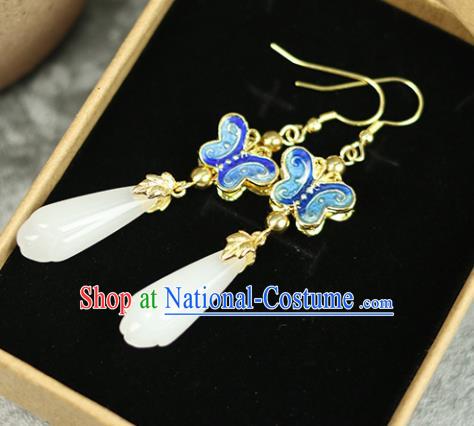 Chinese Handmade Blueing Butterfly Jade Earrings Traditional Classical Hanfu Ear Jewelry Accessories for Women