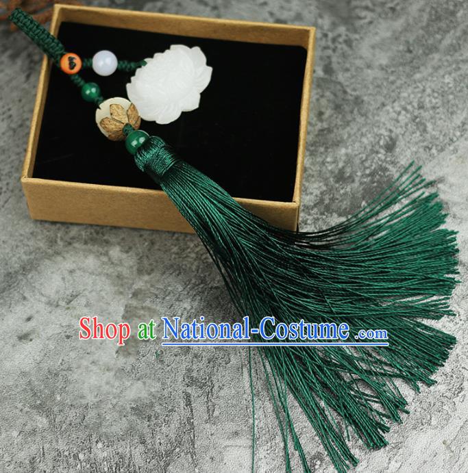 Handmade Chinese Traditional Green Tassel Lotus Jade Pendant Traditional Classical Hanfu Jewelry Accessories for Women