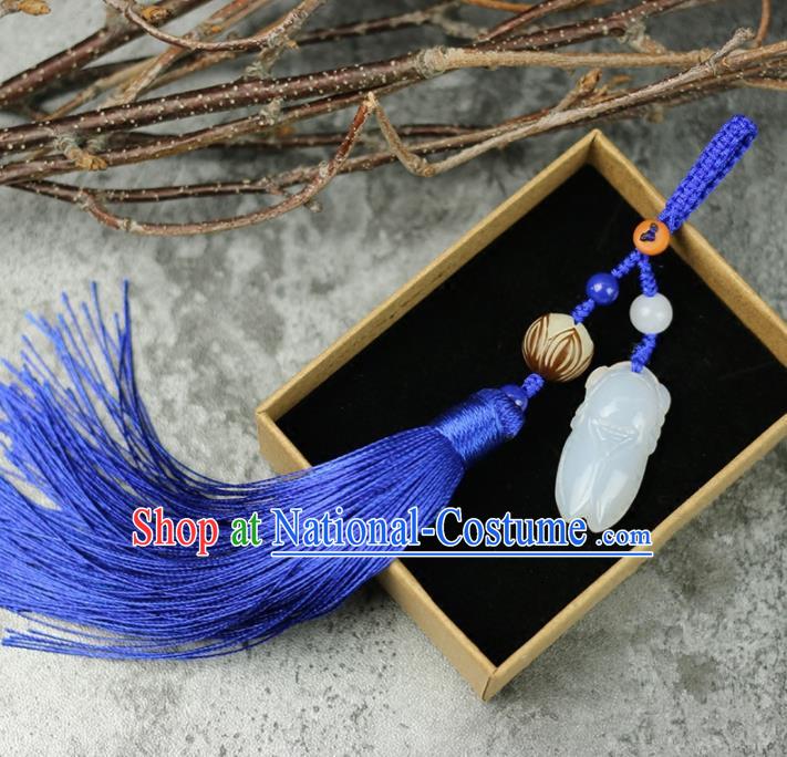 Handmade Chinese Traditional Blue Tassel Jade Cicada Pendant Traditional Classical Hanfu Jewelry Accessories for Women