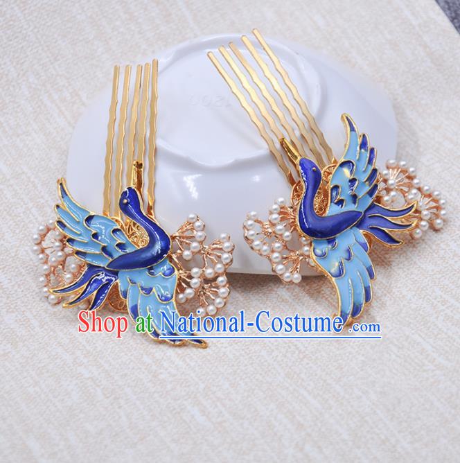 Handmade Chinese Traditional Blueing Crane Hair Combs Ancient Classical Hanfu Hair Accessories for Women