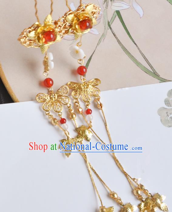 Handmade Chinese Traditional Golden Tassel Hairpins Ancient Classical Hanfu Hair Accessories for Women